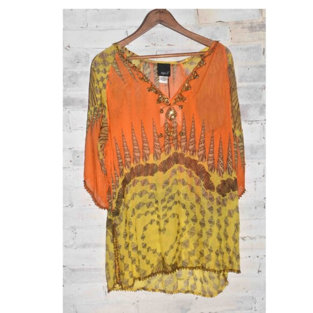 NWT ARYN K. 100% Silk Sheer Trendy Seashell Beaded Beach Cover Up Tunic Dress M